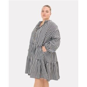 The Lullaby Club Avalon Smock Dress M/L Gingham Tiered Linen Blend Flowy